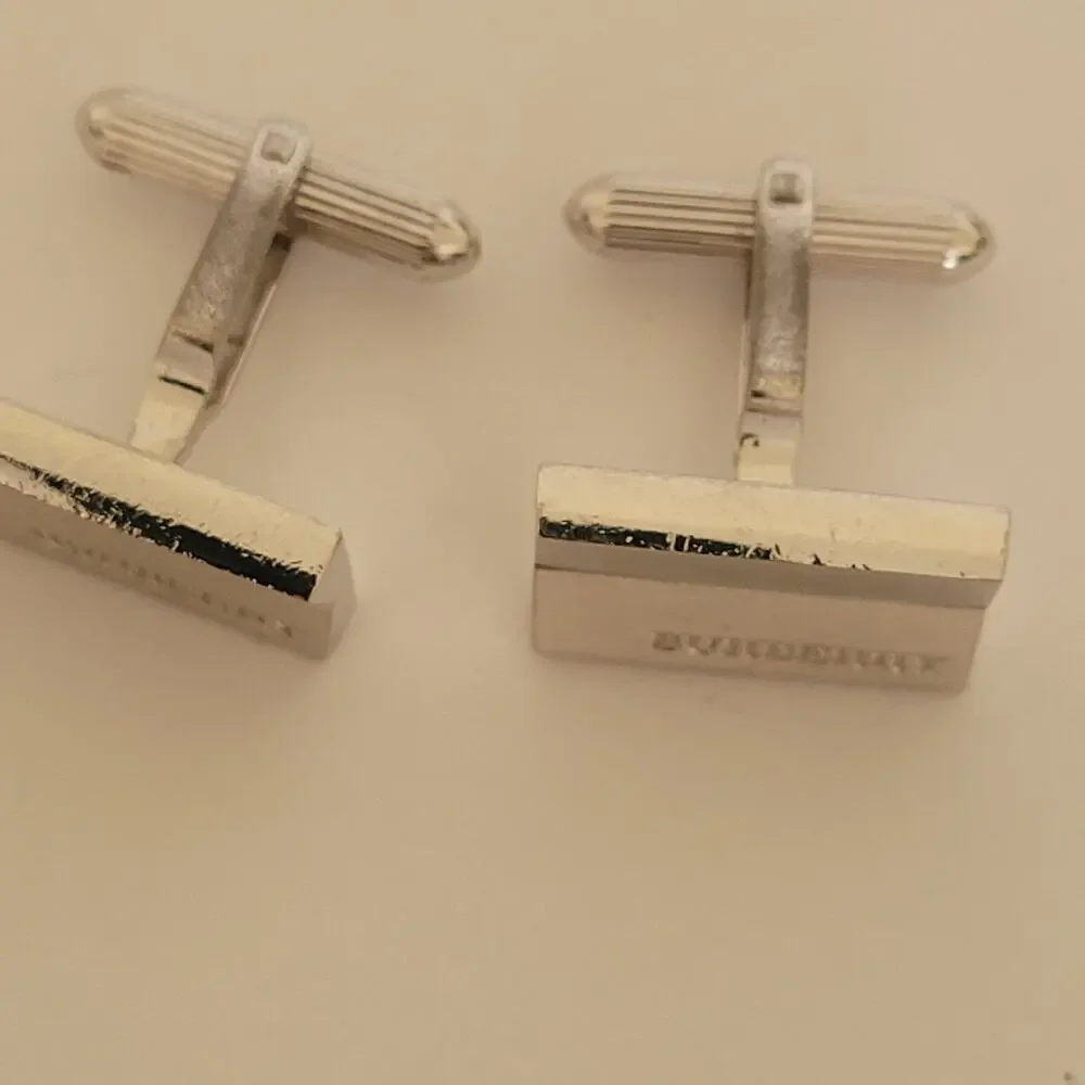 Burberry Cufflinks Set Silver Tone Logo Rectangle Geometric Designer Minimalist